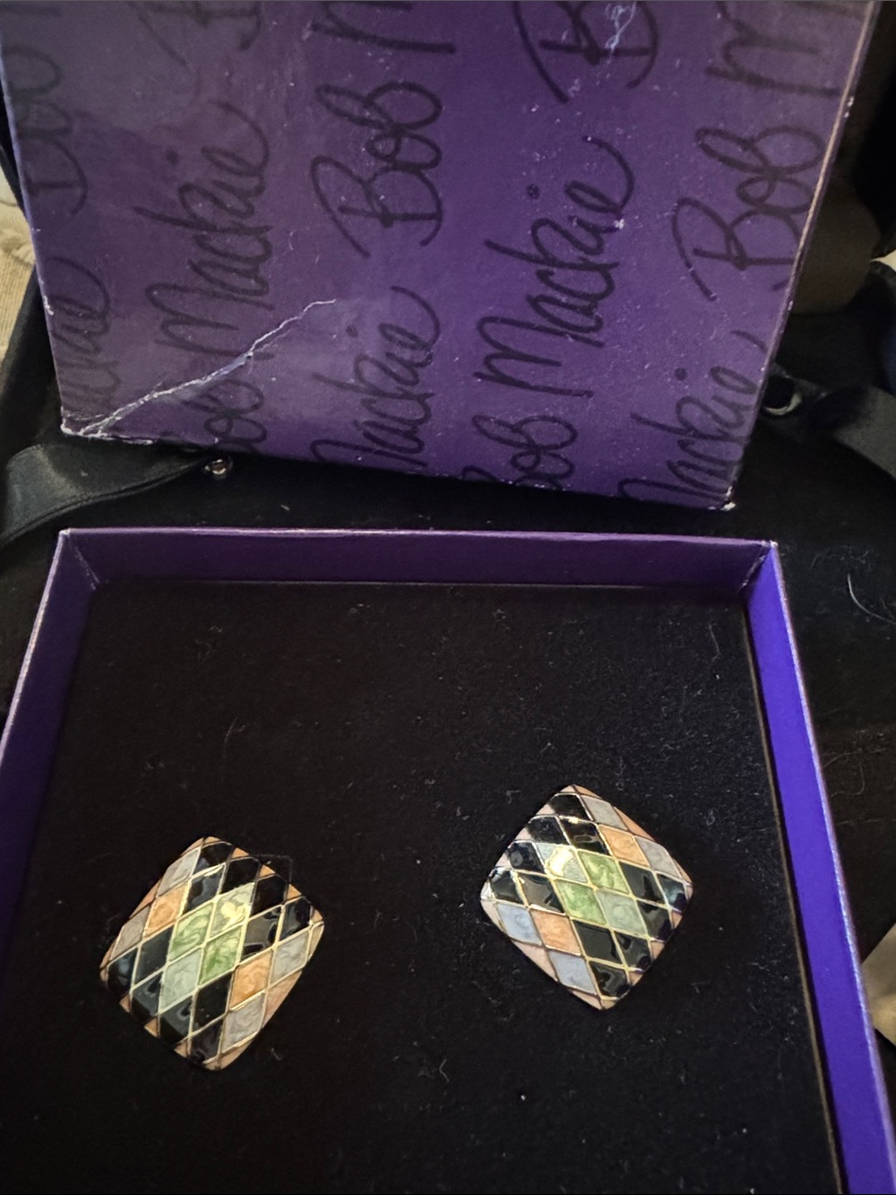 Bob Mackie Multicolor Diamond-Pattern womens earrings  - vintage gold enlay